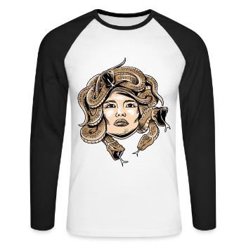 Griechische Mythologie Shirt - Medusa Kopf Monster Schlange - Unisex Baseballshirt langarm - Weiß/Schwarz - Vorne - Nik (191cm)