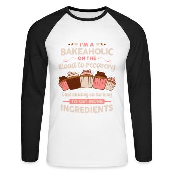 Baker Pâtissier Chef Cuisinier drôle bakéholic dire - T-shirt baseball manches longues Homme - blanc/noir - Devant - Nik (191cm)
