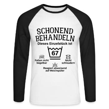 Schonend Behandeln 67. Geburtstag Einzelstück 67 - Unisex Baseballshirt langarm - Weiß/Schwarz - Vorne - Nik (191cm)