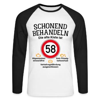 58. Geburtstag Schonend Behandeln 58 Alte Kiste 58 - Unisex Baseballshirt langarm - Weiß/Schwarz - Vorne - Nik (191cm)