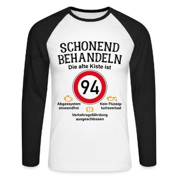 94. Geburtstag Schonend Behandeln 94 Alte Kiste 94 - Unisex Baseballshirt langarm - Weiß/Schwarz - Vorne - Nik (191cm)