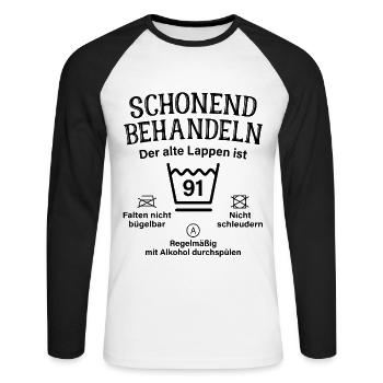 91. Geburtstag Schonend Behandeln Alte Lappen 91 - Unisex Baseballshirt langarm - Weiß/Schwarz - Vorne - Nik (191cm)