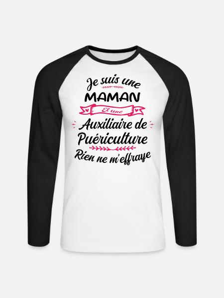 Maman et une Auxiliaire Puériculture Humour - T-shirt baseball manches longues Homme - blanc/noir