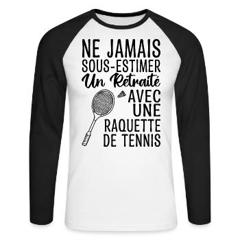 Cadeau Humour Tennis Homme Retraité - T-shirt baseball manches longues Homme - blanc/noir - Devant - Nik (191cm)