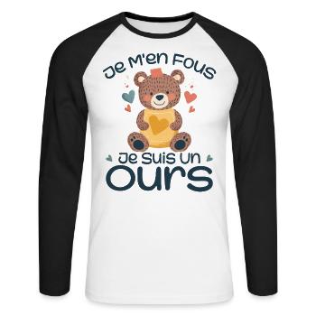 Es ist mir egal, ich bin ein Bär - Unisex Baseballshirt langarm - Weiß/Schwarz - Vorne - Nik (191cm)