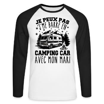 J'peux pas j'me barre en camping car avec mon mari - T-shirt baseball manches longues Homme - blanc/noir - Devant - Nik (191cm)
