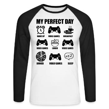 Mein perfekter Tag - Gamer - Unisex Baseballshirt langarm - Weiß/Schwarz - Vorne - Nik (191cm)