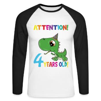 Dino Anniversaire J’ai maintenant 4 ans - T-shirt baseball manches longues Homme - blanc/noir - Devant - Nik (191cm)