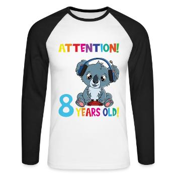 Koala Birthday I Am Now 8 Years Old - Unisex Long Sleeve Baseball T-Shirt - white/black - Front - Nik (191cm)