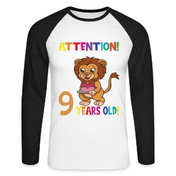 Anniversaire Lion J'ai maintenant 9 ans - T-shirt baseball manches longues Homme - blanc/noir - Devant - Nik (191cm)