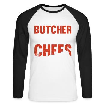 Boucher parce que les chefs ont aussi besoin de héros - T-shirt baseball manches longues Homme - blanc/noir - Devant - Nik (191cm)