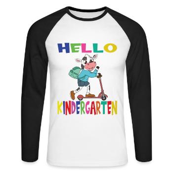 Hello Kindergarten Cow With Scooter - Unisex Long Sleeve Baseball T-Shirt - white/black - Front - Nik (191cm)