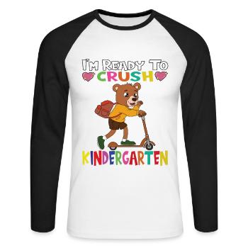 I'm Ready To Crush Kindergarten Bear With Scooter - Unisex Long Sleeve Baseball T-Shirt - white/black - Front - Nik (191cm)