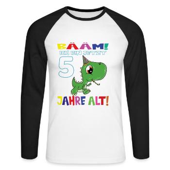 Bääm Ich Bin Jetzt 5 Jahre Alt Dino - Unisex Baseballshirt langarm - Weiß/Schwarz - Vorne - Nik (191cm)
