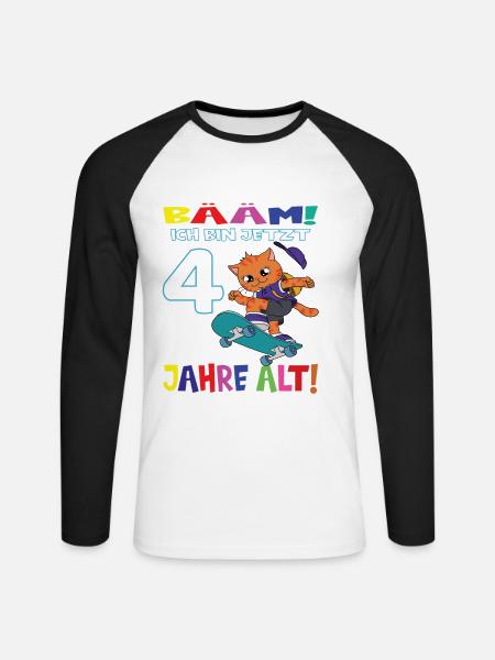 Bääm Ich Bin Jetzt 4 Jahre Alt Geburtstag Katze - Unisex Baseballshirt langarm - Weiß/Schwarz