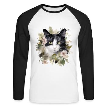 Black White Cat Flowers Watercolor Art Colorful - Unisex Long Sleeve Baseball T-Shirt - white/black - Front - Nik (191cm)
