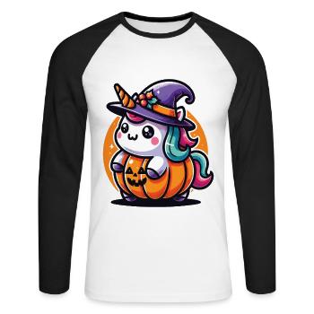 Halloween Einhorn Halloween Kürbis - Unisex Baseballshirt langarm - Weiß/Schwarz - Vorne - Nik (191cm)