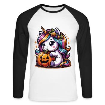 Halloween Einhorn Halloween Kürbis - Unisex Baseballshirt langarm - Weiß/Schwarz - Vorne - Nik (191cm)