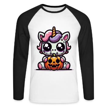 Halloween Einhorn Halloween Kürbis - Unisex Baseballshirt langarm - Weiß/Schwarz - Vorne - Nik (191cm)