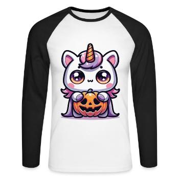 Halloween Einhorn Halloween Kürbis - Unisex Baseballshirt langarm - Weiß/Schwarz - Vorne - Nik (191cm)