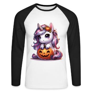 Halloween Einhorn Halloween Kürbis - Unisex Baseballshirt langarm - Weiß/Schwarz - Vorne - Nik (191cm)