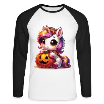 Halloween Einhorn Halloween Kürbis - Unisex Baseballshirt langarm - Weiß/Schwarz - Vorne - Nik (191cm)