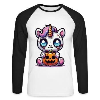 Halloween Einhorn Halloween Kürbis - Unisex Baseballshirt langarm - Weiß/Schwarz - Vorne - Nik (191cm)