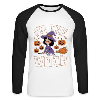 Sorcière d’Halloween Je suis la sorcière Halloween - T-shirt baseball manches longues Homme - blanc/noir - Devant - Nik (191cm)