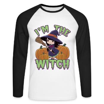 Sorcière d’Halloween Je suis la sorcière Halloween - T-shirt baseball manches longues Homme - blanc/noir - Devant - Nik (191cm)