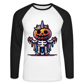 Halloween Einhorn Halloween Kürbis - Unisex Baseballshirt langarm - Weiß/Schwarz - Vorne - Nik (191cm)