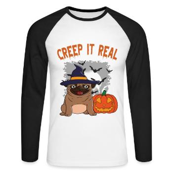 Doux Halloween Fantôme Halloween - T-shirt baseball manches longues Homme - blanc/noir - Devant - Nik (191cm)
