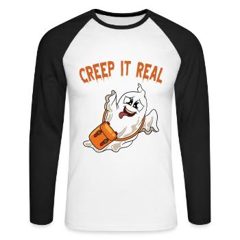Mignon Halloween Fantôme Halloween - T-shirt baseball manches longues Homme - blanc/noir - Devant - Nik (191cm)