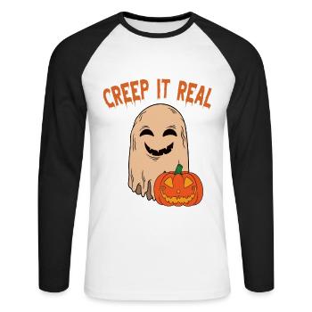 Mignon Halloween Fantôme Halloween - T-shirt baseball manches longues Homme - blanc/noir - Devant - Nik (191cm)