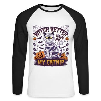 Halloween Cat Forget Candy Give Me A Cat - Unisex Long Sleeve Baseball T-Shirt - white/black - Front - Nik (191cm)