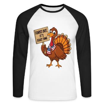 Dinde drôle de Thanksgiving - T-shirt baseball manches longues Homme - blanc/noir - Devant - Nik (191cm)