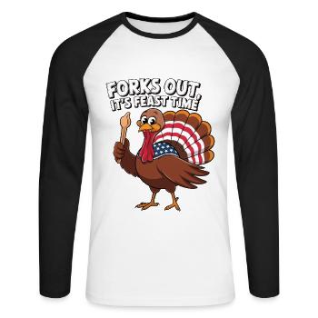 Dinde drôle de Thanksgiving - T-shirt baseball manches longues Homme - blanc/noir - Devant - Nik (191cm)