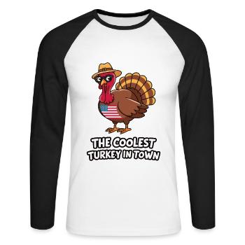 Dinde drôle de Thanksgiving - T-shirt baseball manches longues Homme - blanc/noir - Devant - Nik (191cm)