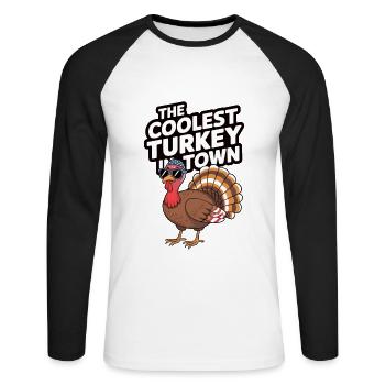Dinde drôle de Thanksgiving - T-shirt baseball manches longues Homme - blanc/noir - Devant - Nik (191cm)