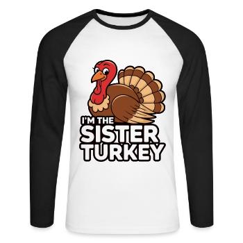 Dinde drôle de Thanksgiving - T-shirt baseball manches longues Homme - blanc/noir - Devant - Nik (191cm)