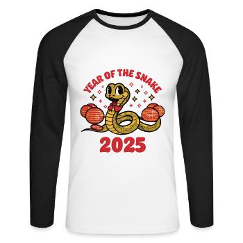 Année Chinoise 2025 Année du Serpent - T-shirt baseball manches longues Homme - blanc/noir - Devant - Nik (191cm)