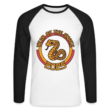 Année Chinoise 2025 Année du Serpent - T-shirt baseball manches longues Homme - blanc/noir - Devant - Nik (191cm)