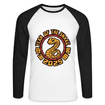 Année Chinoise 2025 Année du Serpent - T-shirt baseball manches longues Homme - blanc/noir - Devant - Nik (191cm)