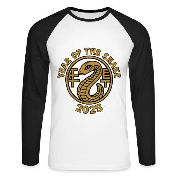 Année Chinoise 2025 Année du Serpent - T-shirt baseball manches longues Homme - blanc/noir - Devant - Nik (191cm)