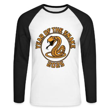 Année Chinoise 2025 Année du Serpent - T-shirt baseball manches longues Homme - blanc/noir - Devant - Nik (191cm)