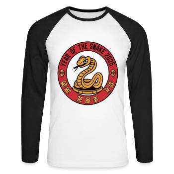 Année Chinoise 2025 Année du Serpent - T-shirt baseball manches longues Homme - blanc/noir - Devant - Nik (191cm)