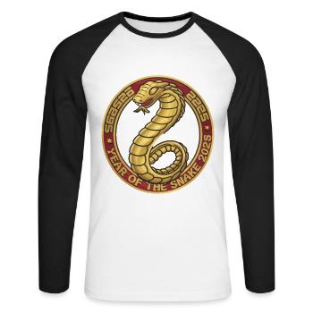 Année Chinoise 2025 Année du Serpent - T-shirt baseball manches longues Homme - blanc/noir - Devant - Nik (191cm)