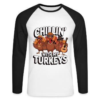 Dinde drôle de Thanksgiving - T-shirt baseball manches longues Homme - blanc/noir - Devant - Nik (191cm)