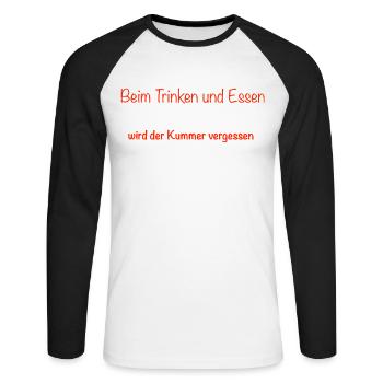 beim Essen und Trinken wird der Kummer vergessen - Unisex Baseballshirt langarm - Weiß/Schwarz - Vorne - Nik (191cm)