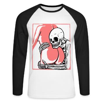 Fld.) Squelette Butt Hug | Gravure sur bois trouvé - T-shirt baseball manches longues Homme - blanc/noir - Devant - Nik (191cm)