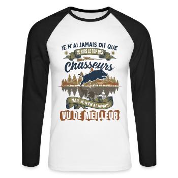 Chasseur Humour - T-shirt baseball manches longues Homme - blanc/noir - Devant - Nik (191cm)